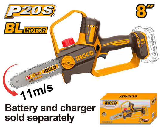 Ingco 8-inch cordless chainsaw with packaging on a white background