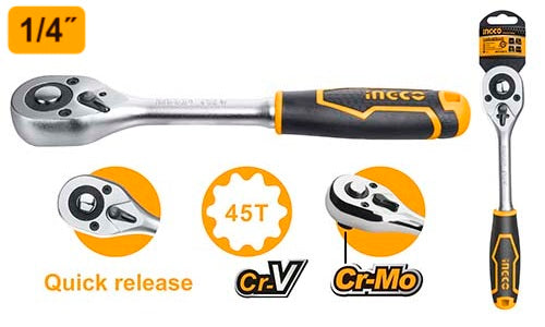 Ingersoll-Rand ratchet wrench with quick release, CrV, and Cr-Mo features on a white background