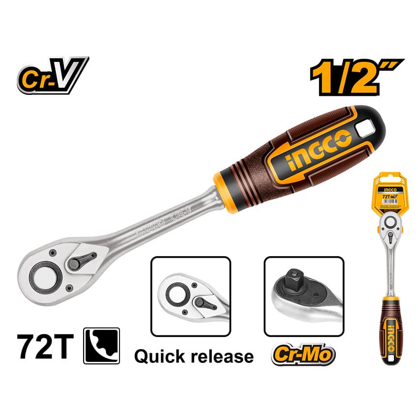 Ingco ratchet wrench with features highlighted on a white background