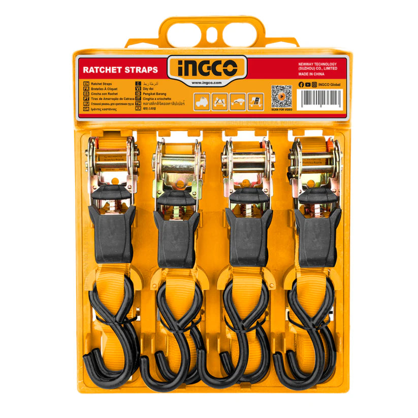 Pack of INGCO ratchet straps with packaging on a white background