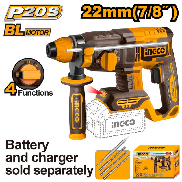 Ingco P20S rotary hammer drill with packaging and accessories on a white background