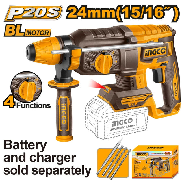 Ingco P20S rotary hammer drill with battery and charger sold separately on a white background