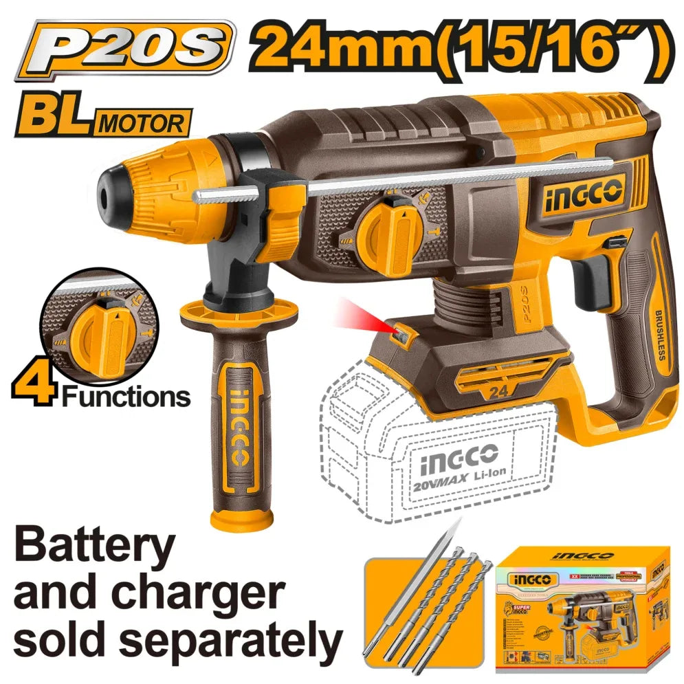 Ingco P20S rotary hammer drill with battery and charger sold separately on a white background