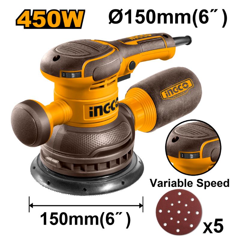 Ingersoll Rand random orbit sander with specifications on a white background