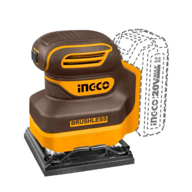 Orange and brown INGCO cordless sander on a white background