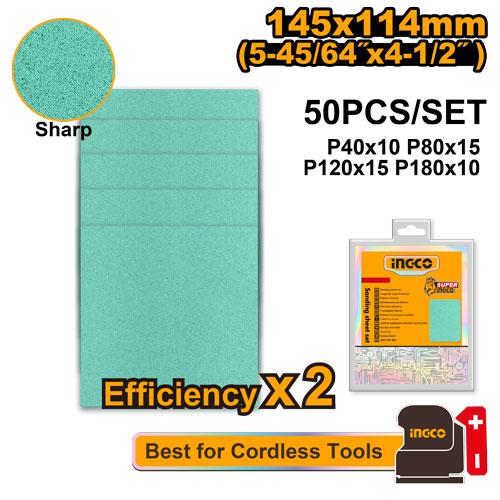 Green sandpaper sheet with sandpaper packets and product details on a white background