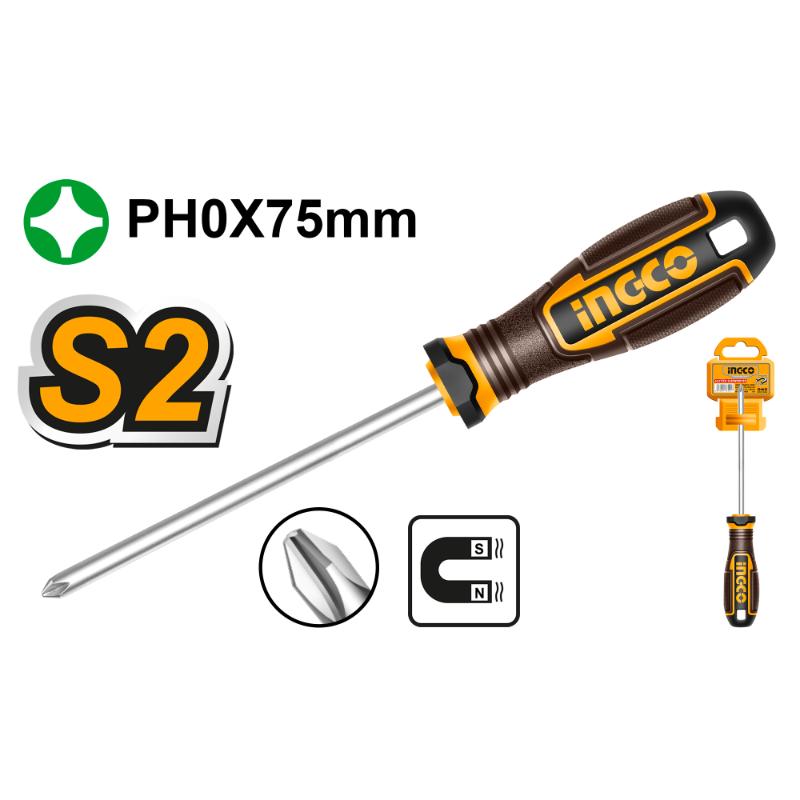 Screwdriver with Ingco branding and specifications on a white background