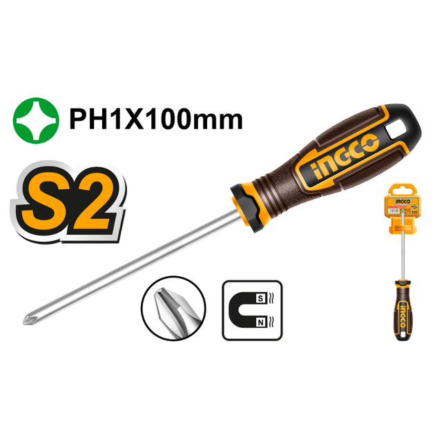 Screwdriver with Ingco branding and specifications on a white background