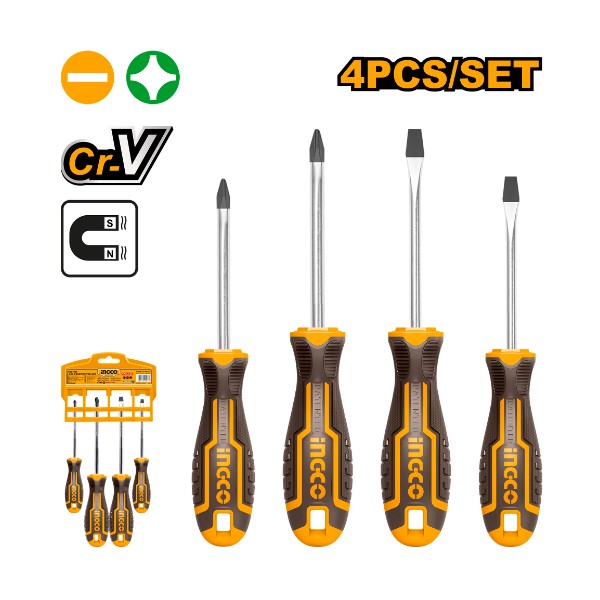Set of five screwdrivers with INGCO branding on a white background