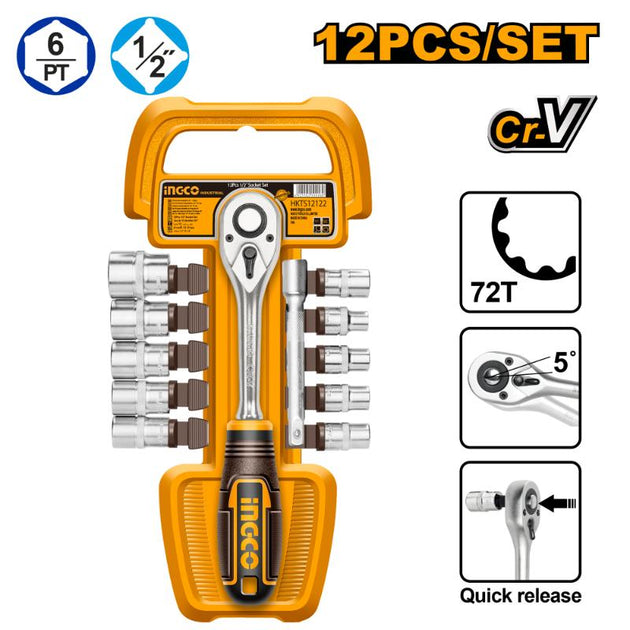 Ingco tool set with ratchet handle and sockets on a white background