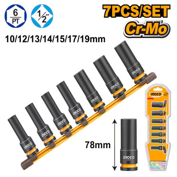 Ingco Socket Set Deep 1/2" 7pc HKISSD12072L