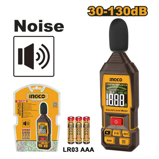 Noise level meter with packaging and batteries on a white background