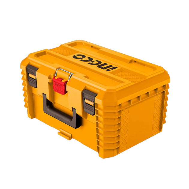 Yellow toolbox with black text and red handle on a white background