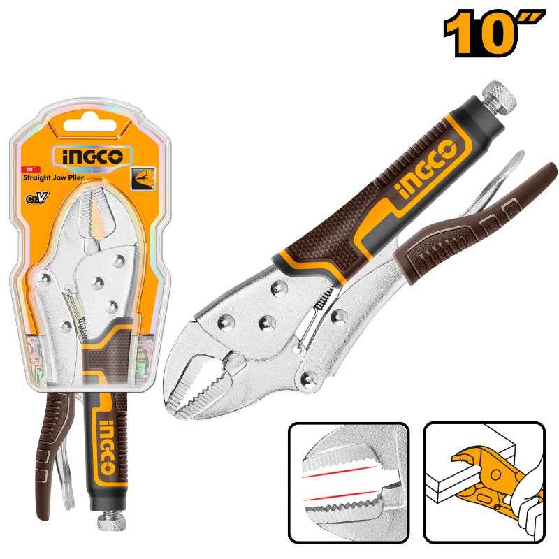 Vise grip pliers with packaging and insets showing usage on a white background