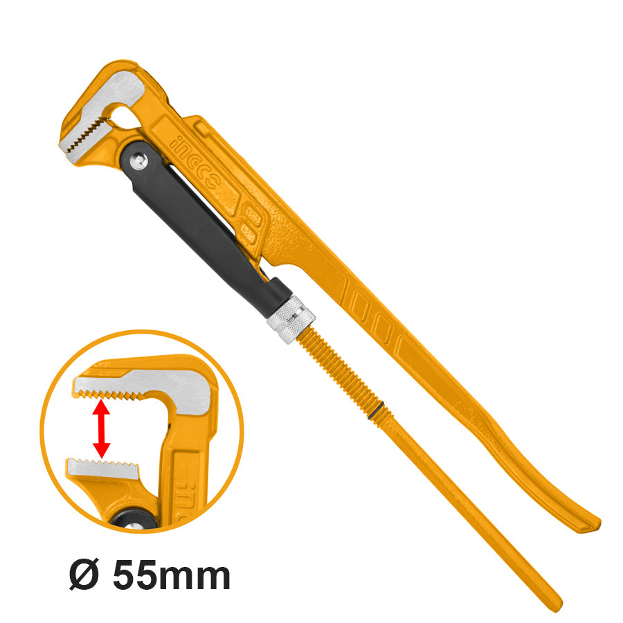 Orange pipe wrench with a close-up inset showing jaw opening, on a white background.