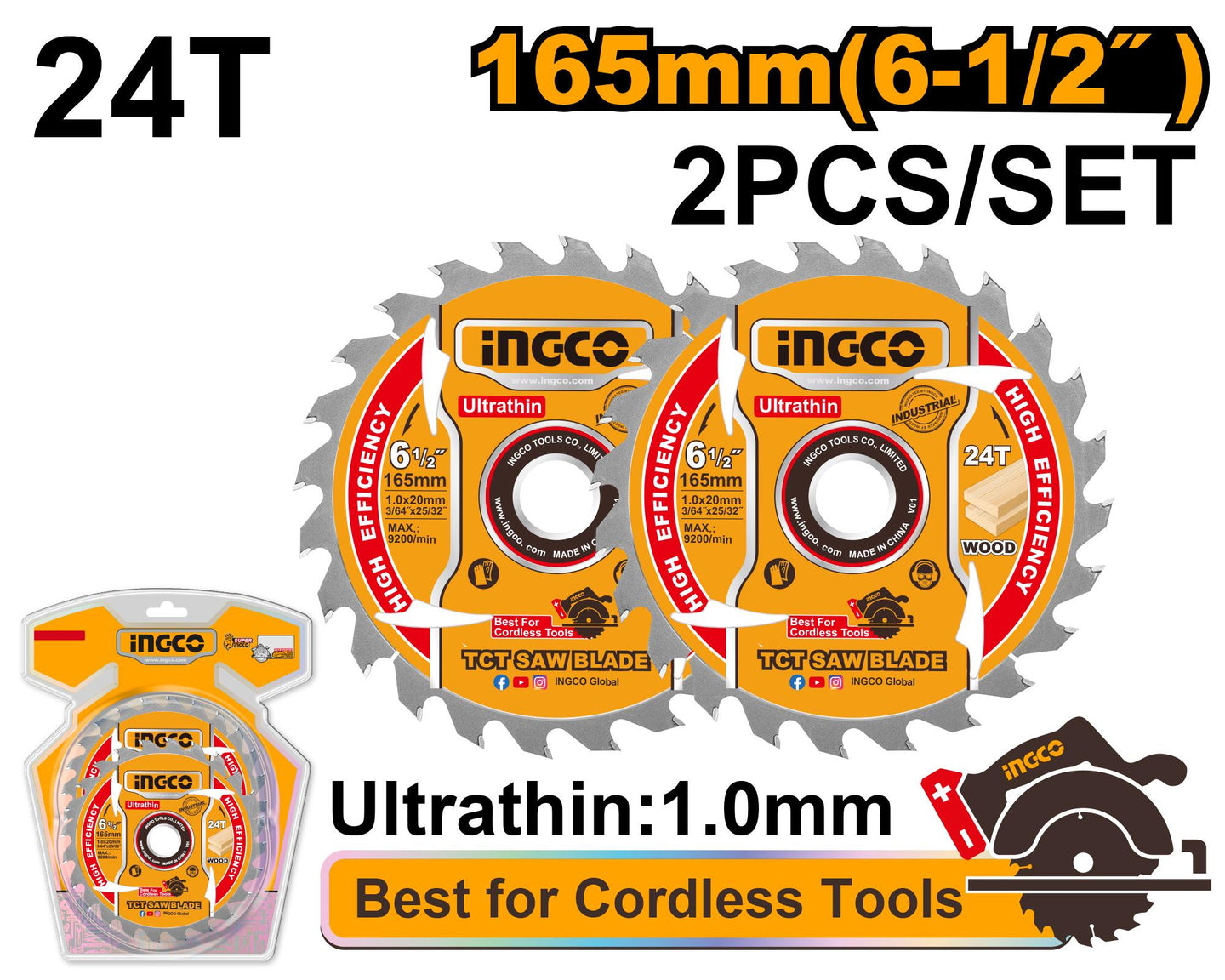 Ingco TCT Wood Ultra-thin Blade 24T 165mm 2pc TSB1653