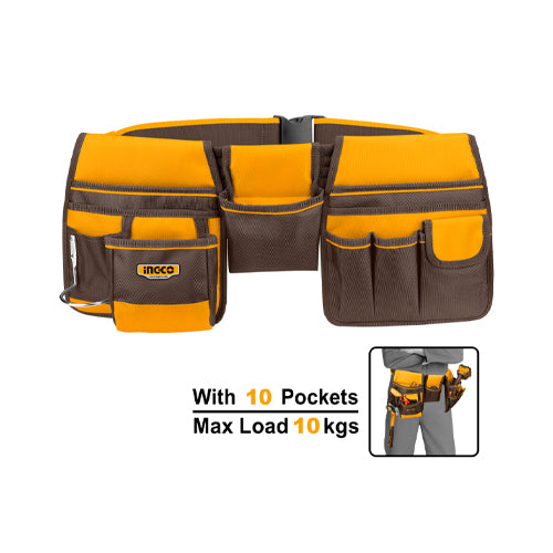 Tool belt with 10 pockets and max load capacity on a white background