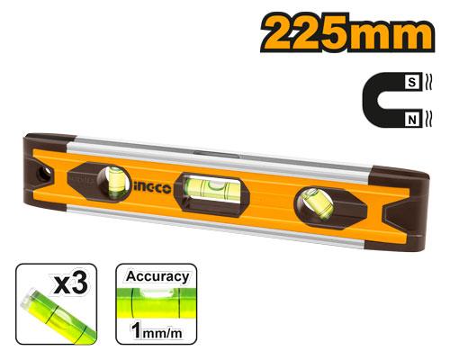 Ingco magnetic bubble level with measurement details on a white background