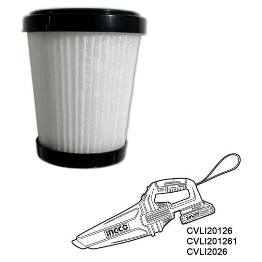 Vacuum filter with black top and white core, next to a simplified line drawing of a vacuum cleaner.