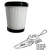 Vacuum filter with black top and white core, next to a simplified line drawing of a vacuum cleaner.