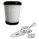 Vacuum filter with black top and white core, next to a simplified line drawing of a vacuum cleaner.