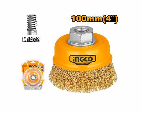 Crimped wire brush with packaging and M14x2 fastener on a white background, featuring the Ingco brand.