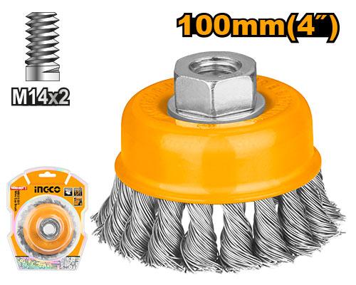Wire brush with M14x2 thread and 100mm diameter, featuring Ingco packaging.