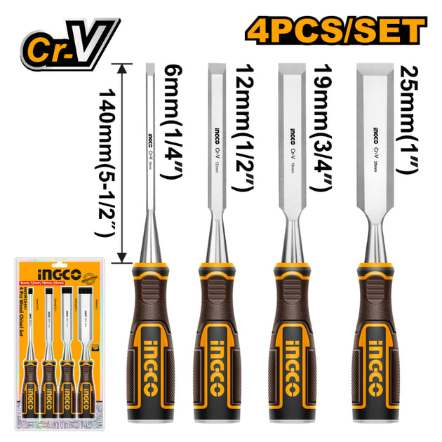 Set of four chisels with measurements and INGCO branding on a white background