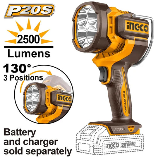 INGCO P20S flashlight with 2500 lumens and 3 position features on a white background