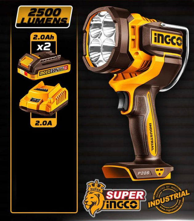 Ingco P20S cordless flashlight with batteries on a black background