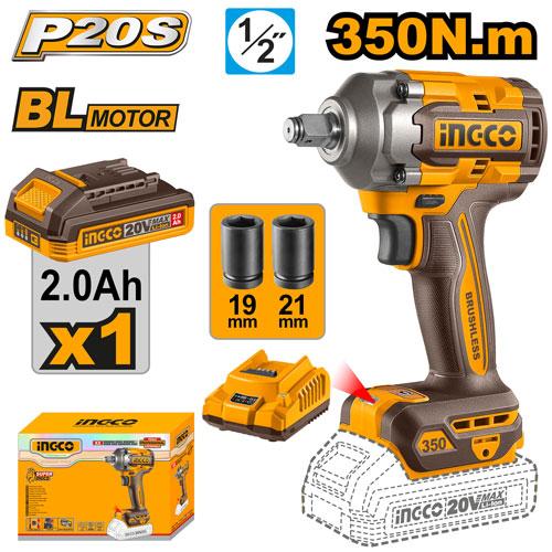 Ingco impact wrench set with battery, charger, and accessories on a white background