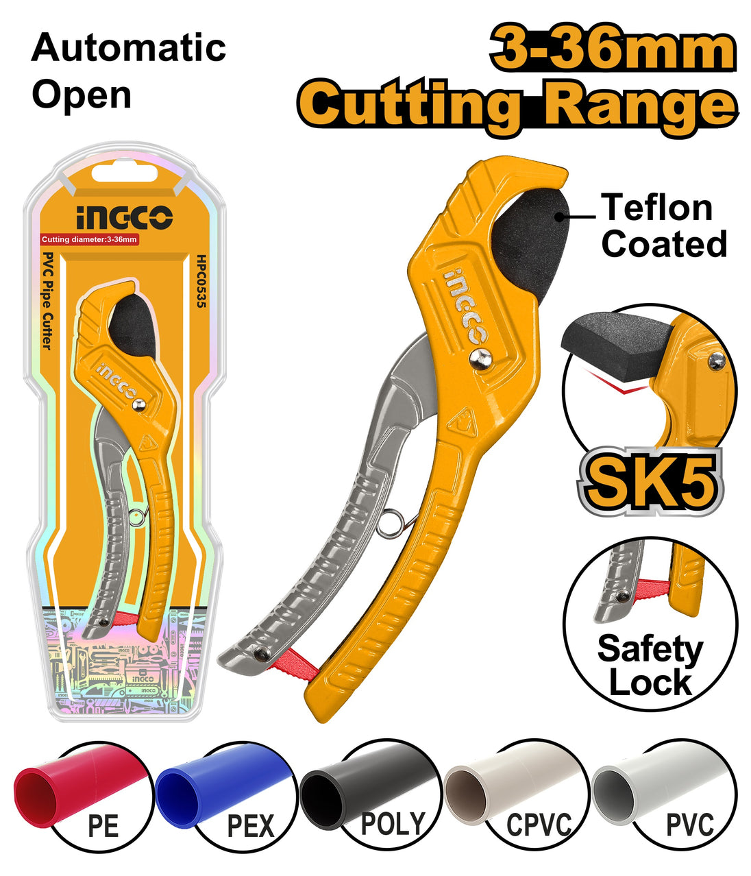 Ingco PVC Pipe Cutter 210mm 3-36mm HPC3135