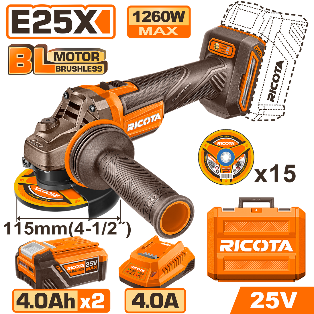 Ricota 25V Angle Grinder 115mm Kit RLAG2511512