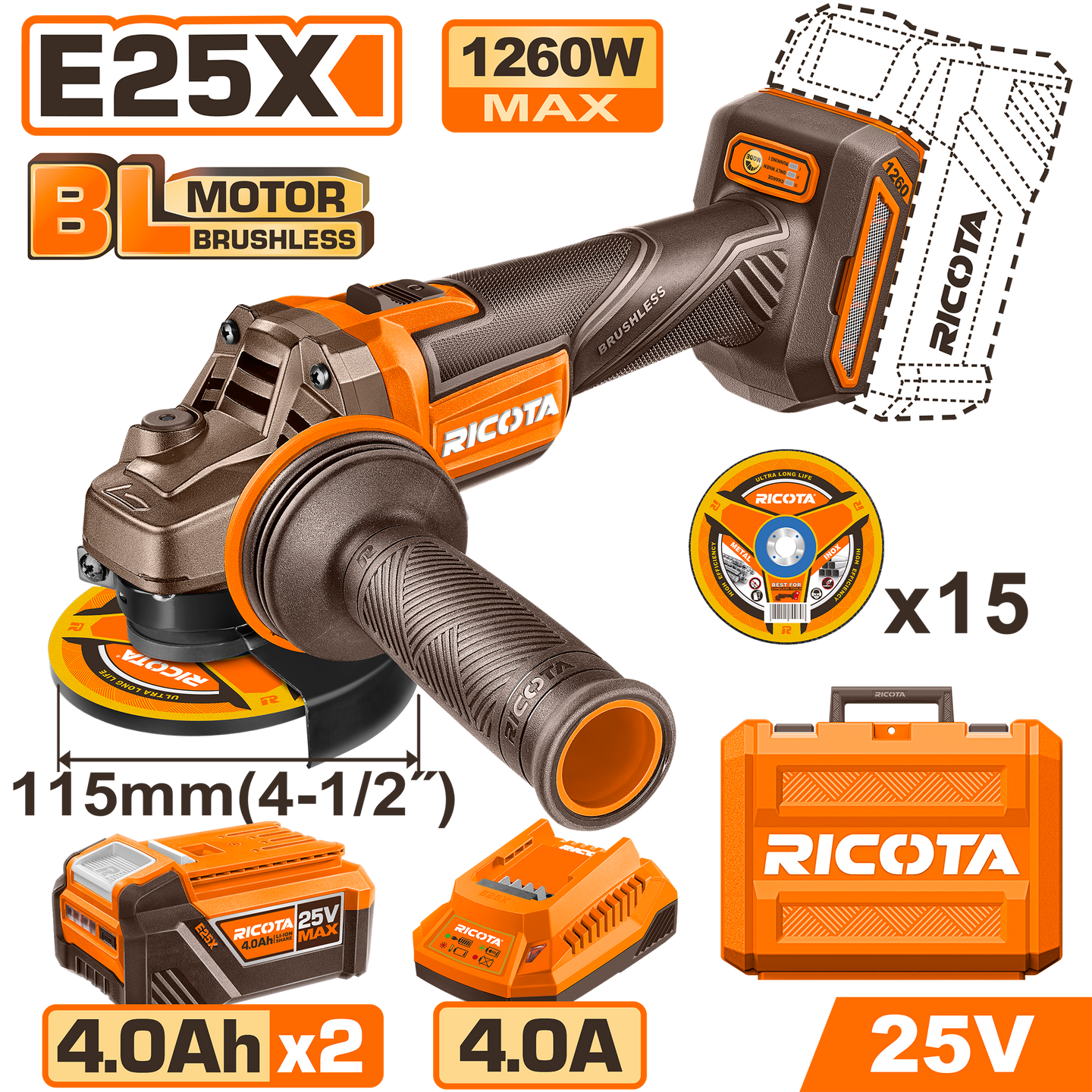 Ricota 25V Angle Grinder 115mm Kit RLAG2511512