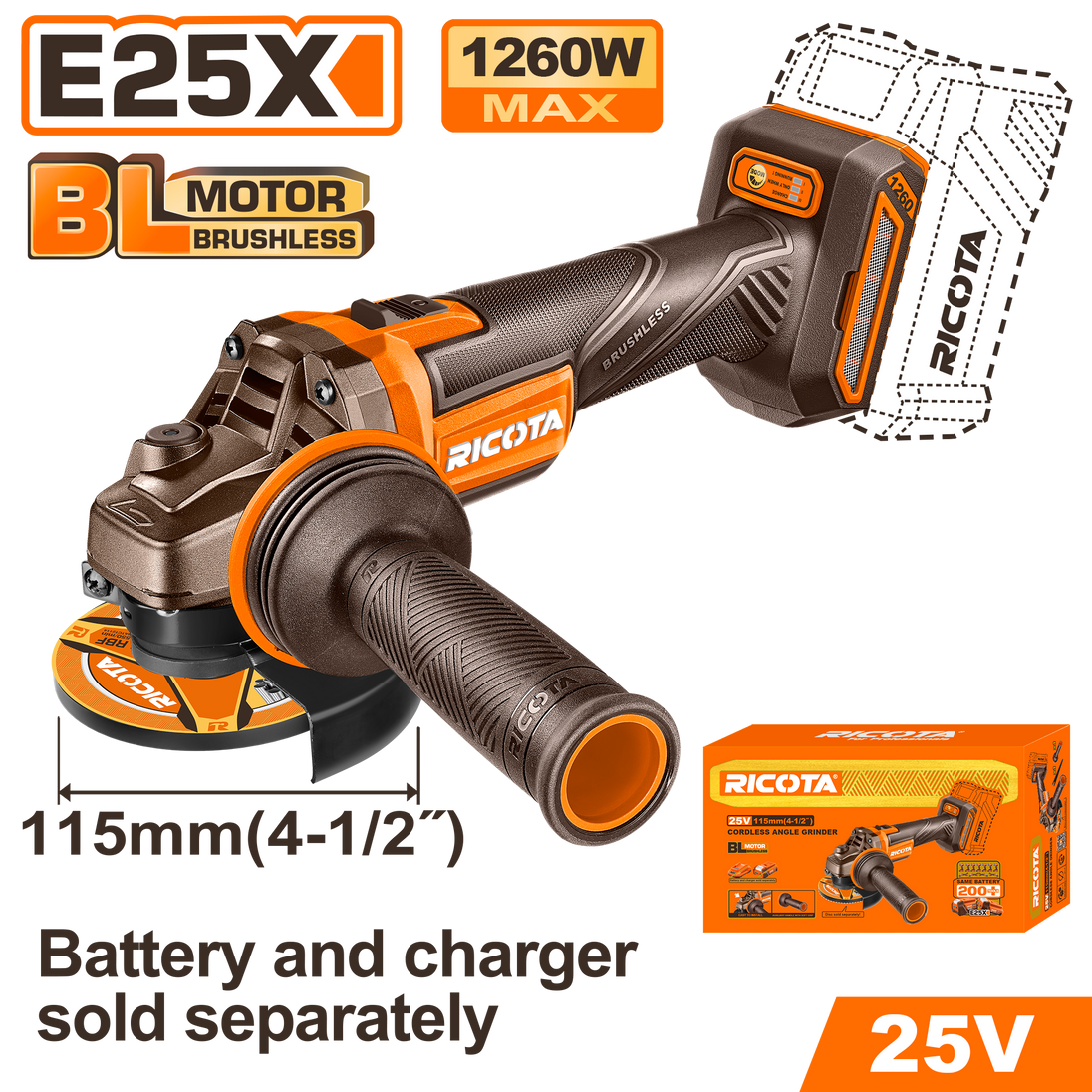 Ricota 25V Angle Grinder 115mm (tool only) RLAG251151