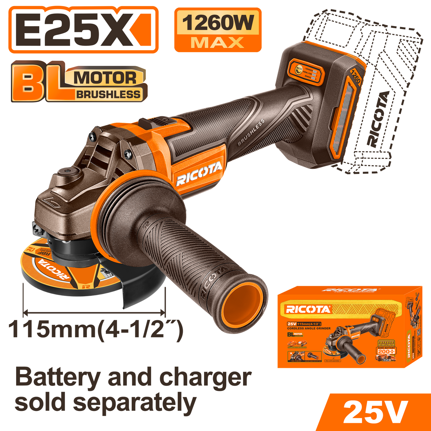 Ricota 25V Angle Grinder 115mm (tool only) RLAG251151