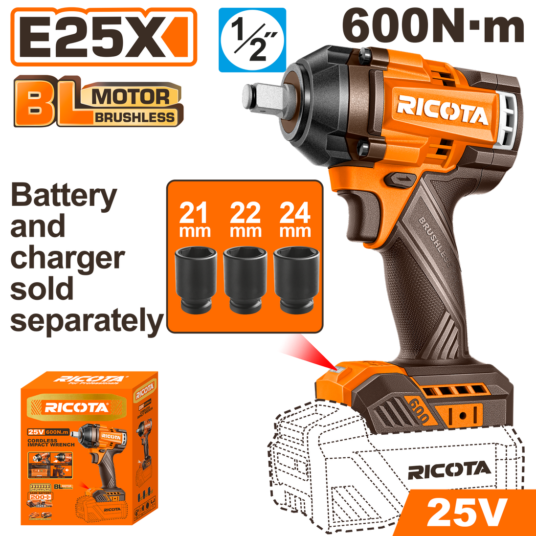 Ricota Impact Wrench 600nM 25V (tool only) RLEWH256001