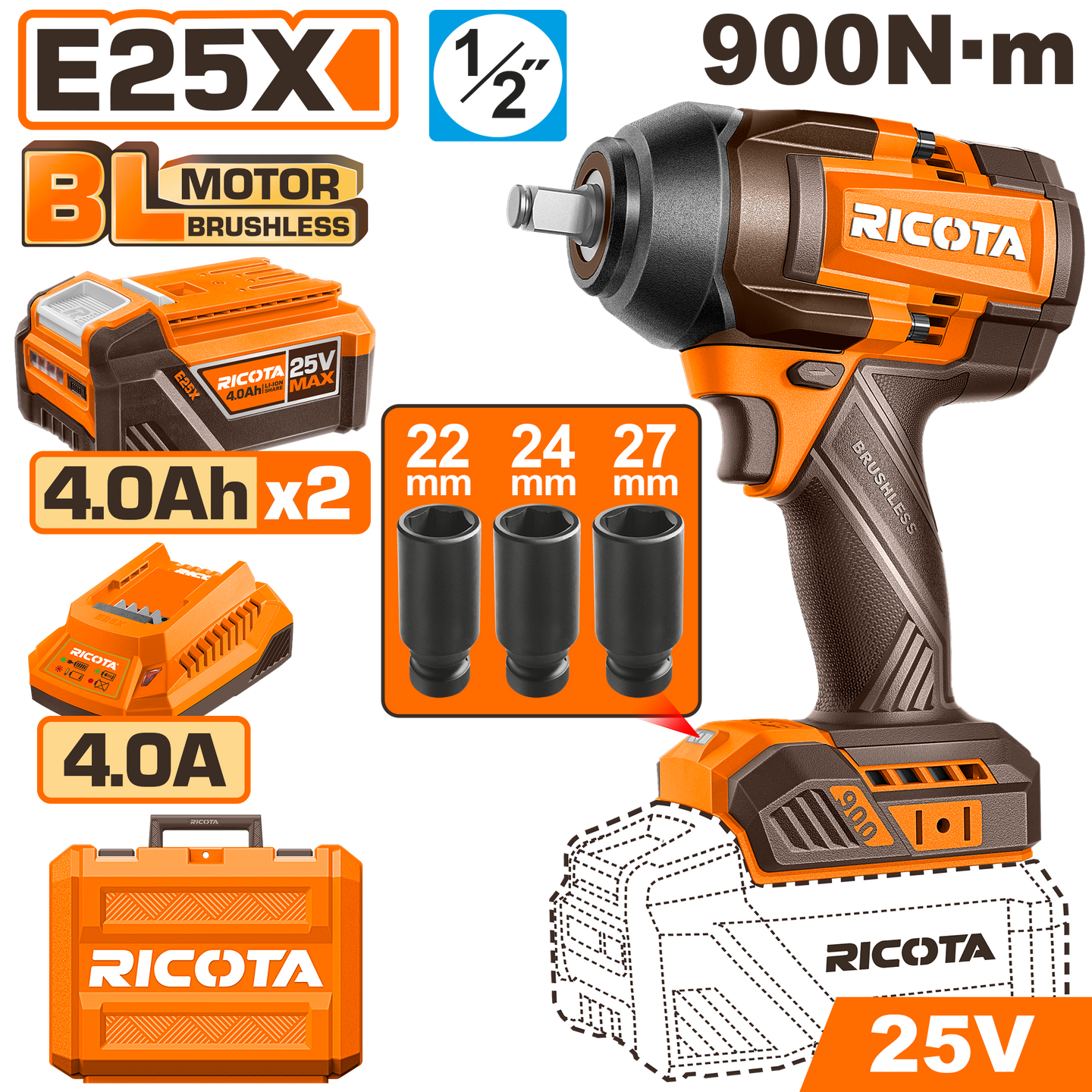 Ricota Impact Wrench 900nM 25V Kit RLEWH25900