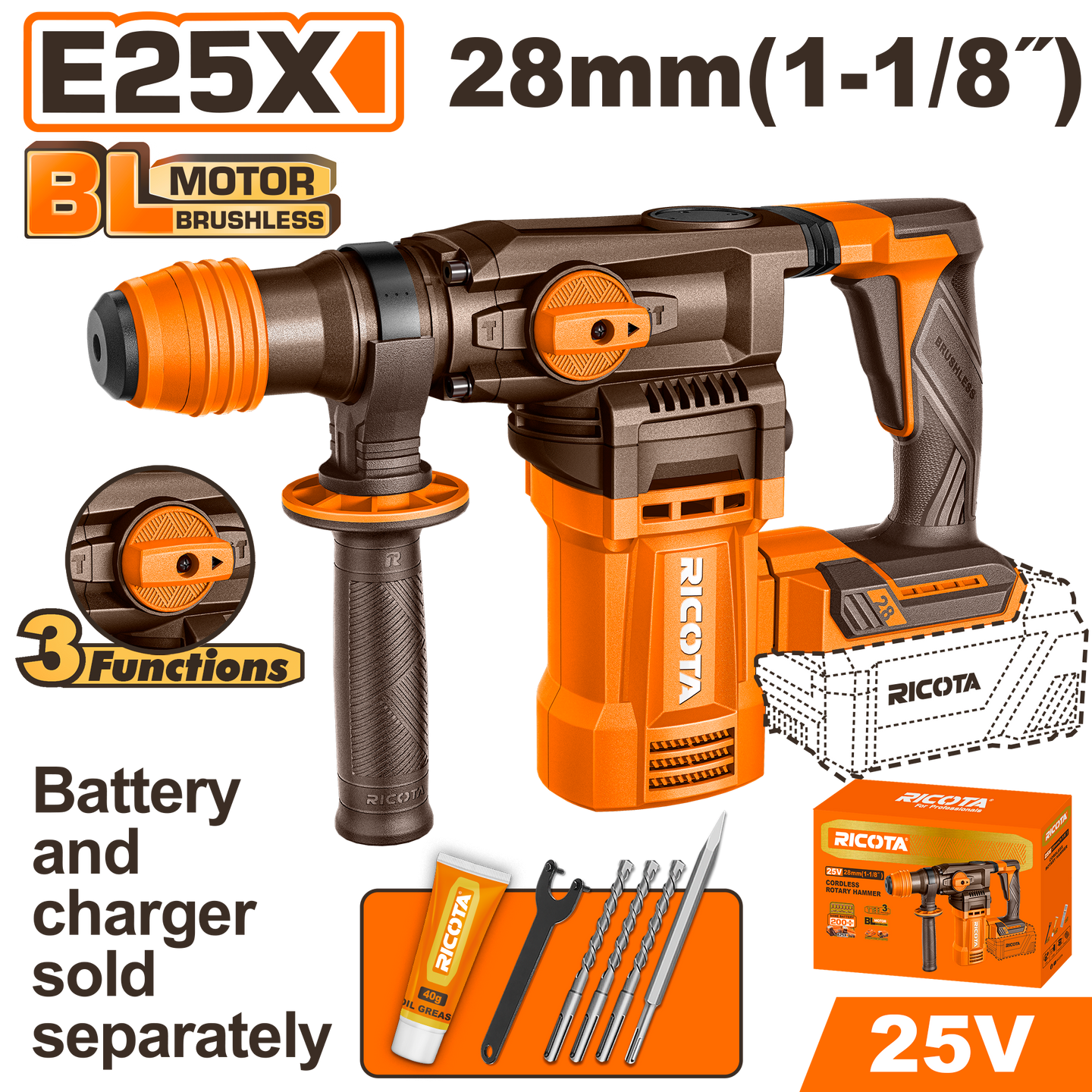 Ricota Rotary Hammer Drill 28mm 4.5J 25V (tool only) RLLRH25281