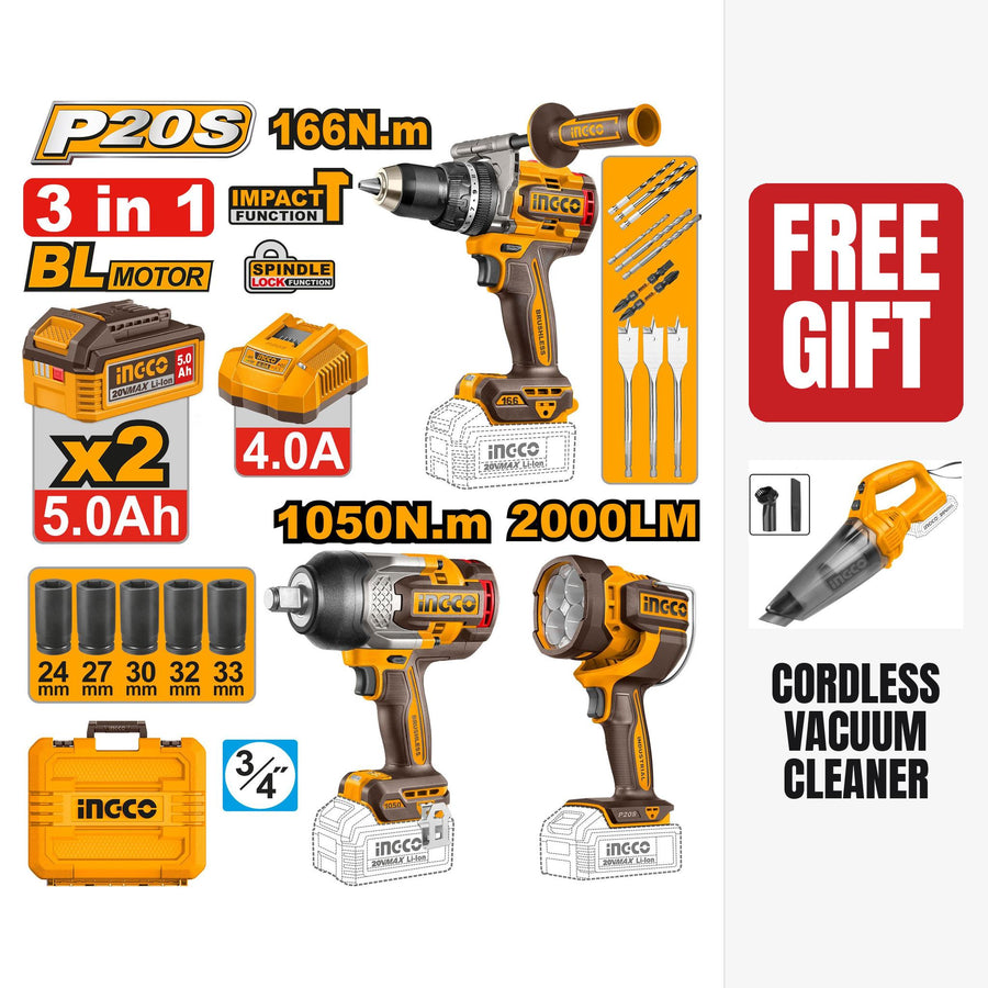 Ingco 3pcs Cordless Kit 20V COSLI250882 + FREE Ingco Vacuum 20V (CVLI201261)